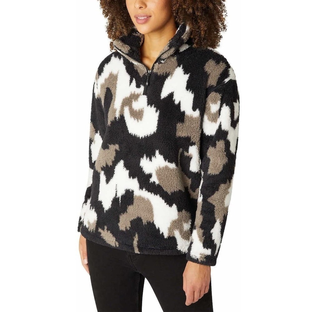 Eddie Bauer Fleece Pullover Women Size XL Black Camo Plush 1/4 Zip Soft Jacket
